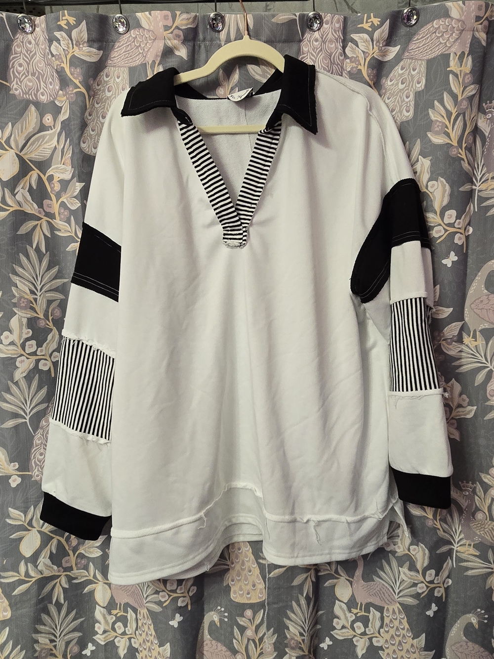 ARULA White Long Sleeve Shirt with Black Contrast Collar & Stripes